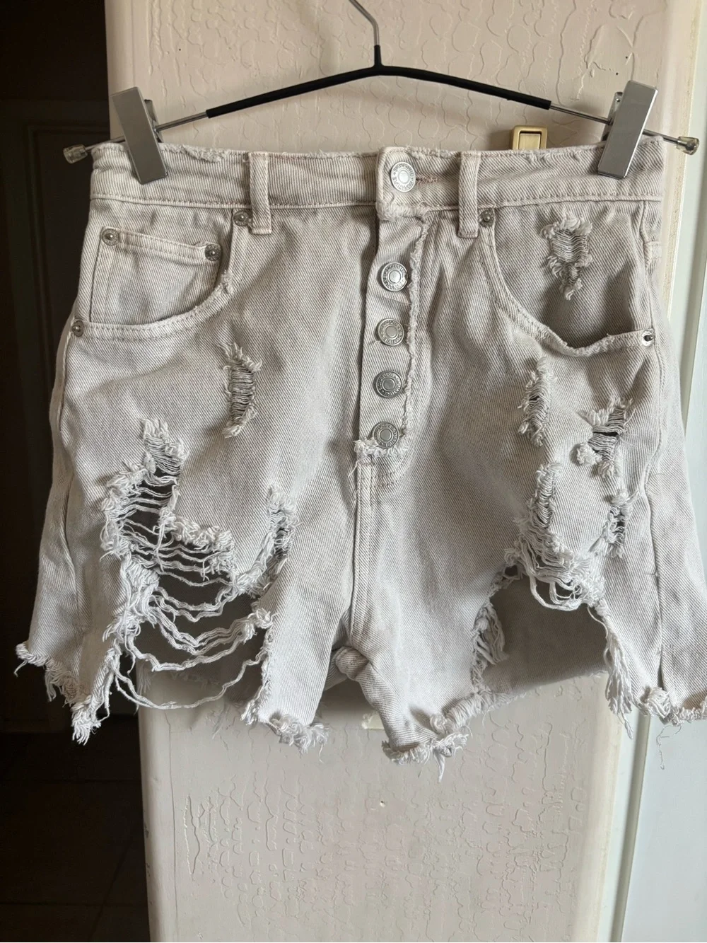 Signature Women’s Distressed High-Waist Denim Shorts - Light Beige, Size Small